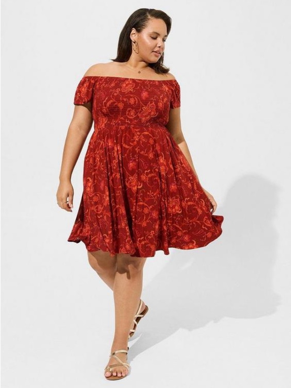 torrid Off-Shoulder Red Floral Fit & Flare Dress